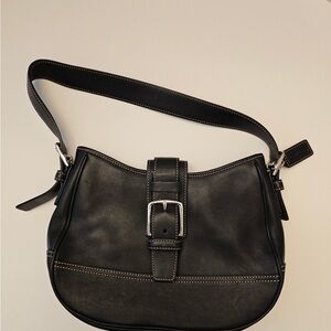 Coach Black Leather Shoulder Bag with Silver Buckle